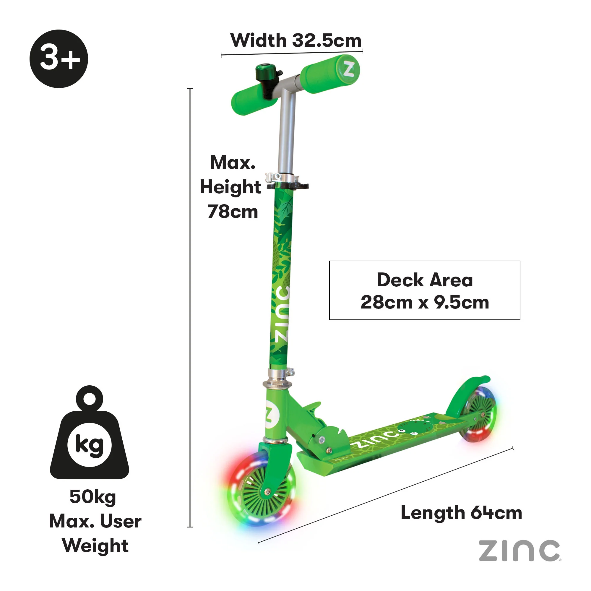 Zinc Dino Folding Two Wheeled Scooter with Light Up Wheels - Image 4