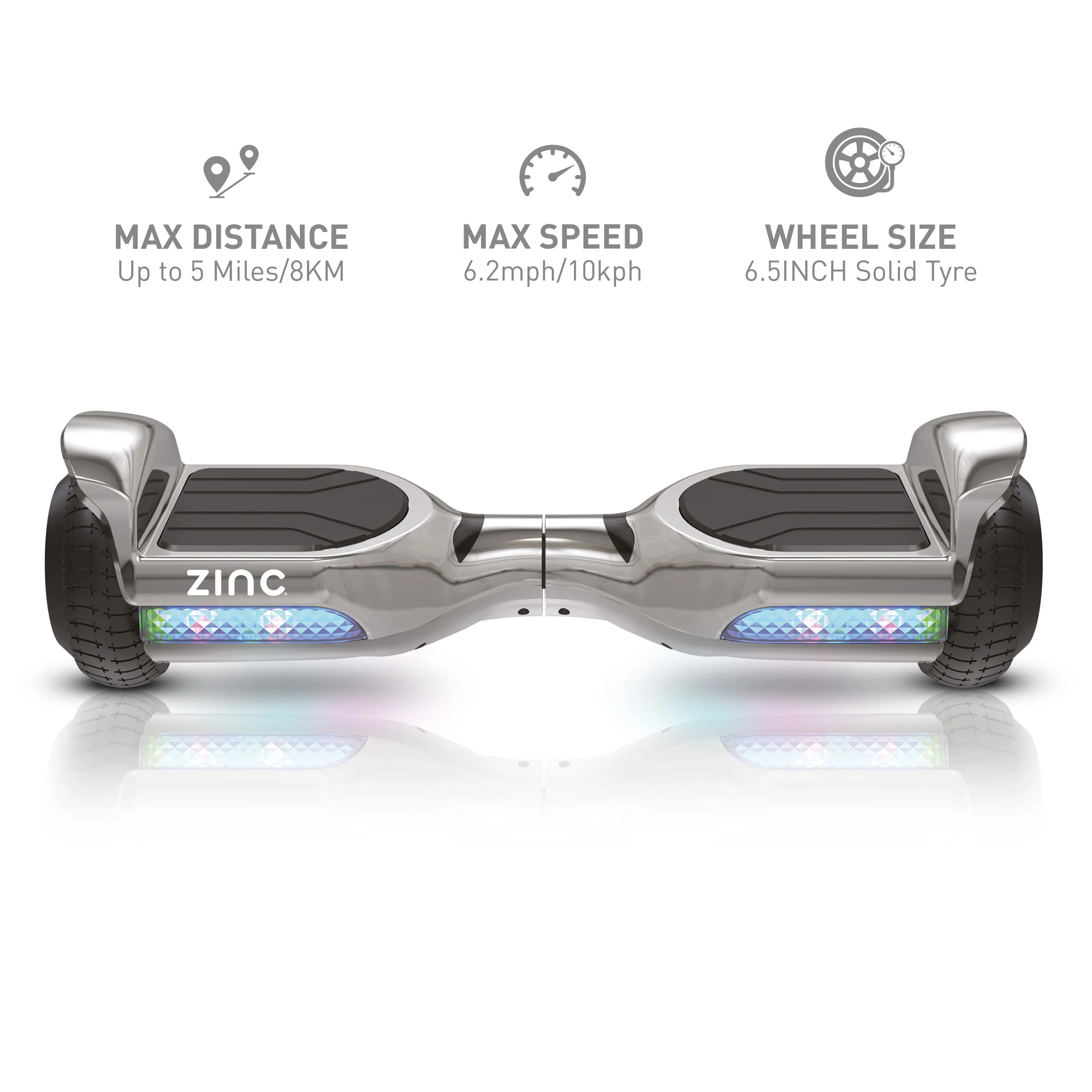 Zinc Megastar Self Balancing Chrome Hoverboard with bluetooth speaker, multi coloured LED lights and 6.3 Inch wheels - Image 6