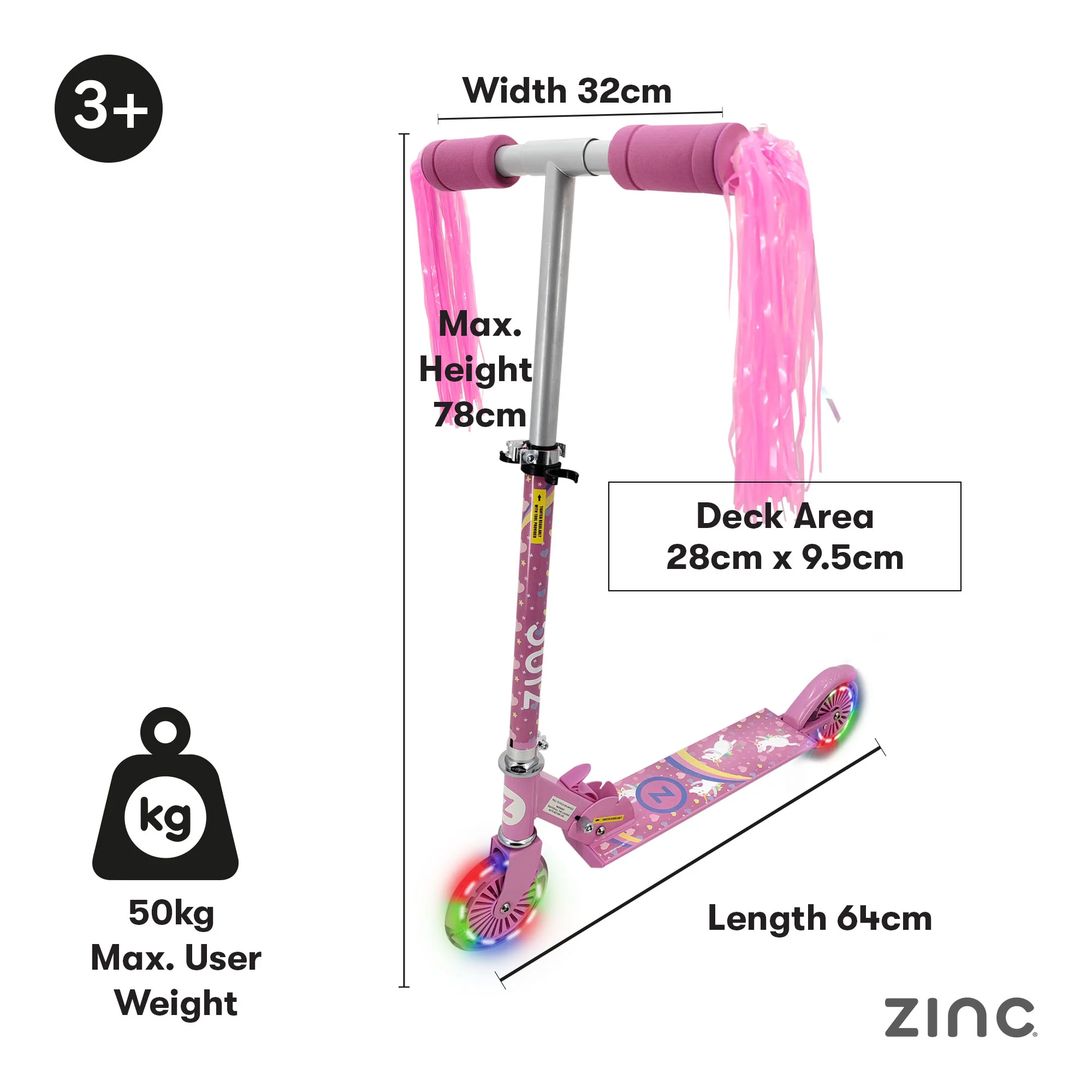 Zinc Unicorn Folding Two Wheeled Scooter with Tassels and Light Up Wheels - Image 6